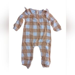 MUD PIE Orange White Gingham Ruffle Long Sleeve Cotton One Piece Sz 12-18mo GUC